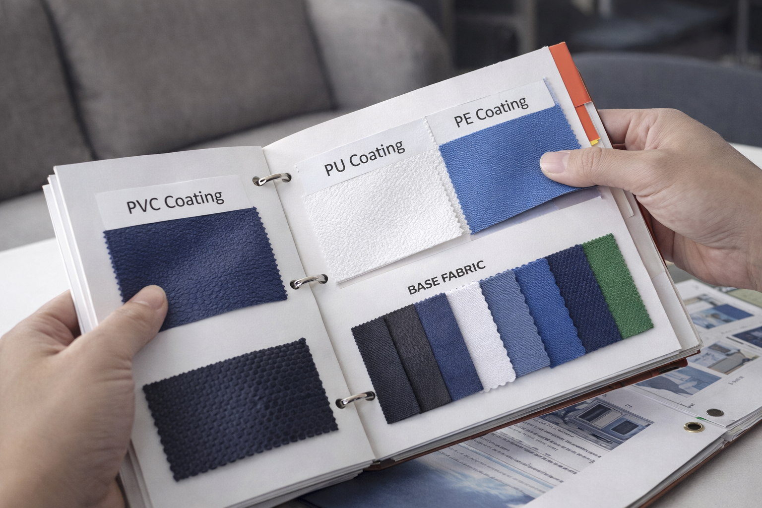 fabric material selection sample book showing pvc pu pe coating options and base fabrics