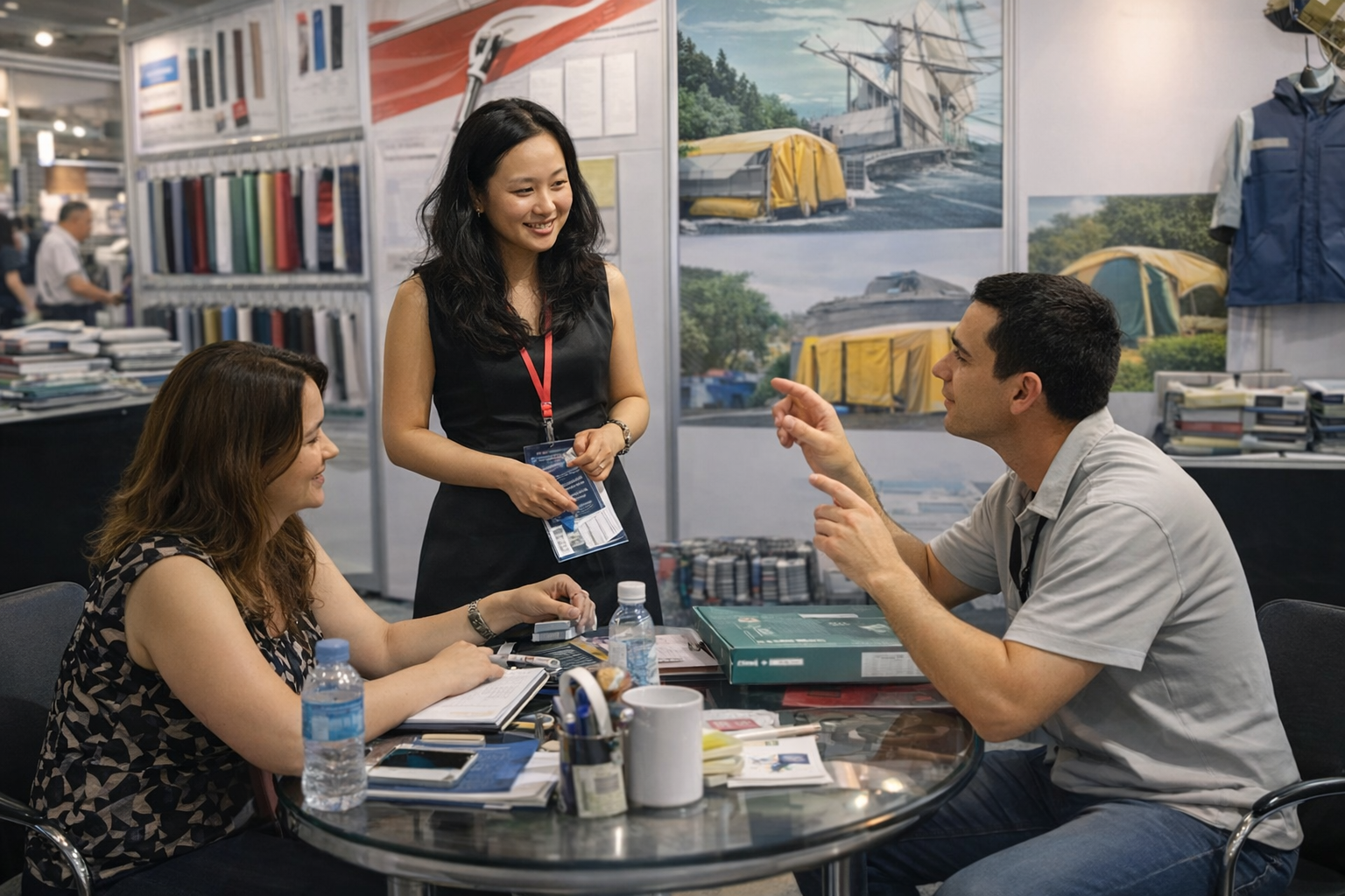 fabric solution consultation meeting with clients discussing material samples and applications