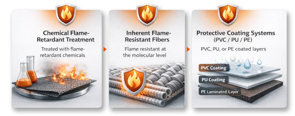 Fire retardant fabric types including chemical treatment, inherent flame resistant fibers, and PVC PU PE coating systems